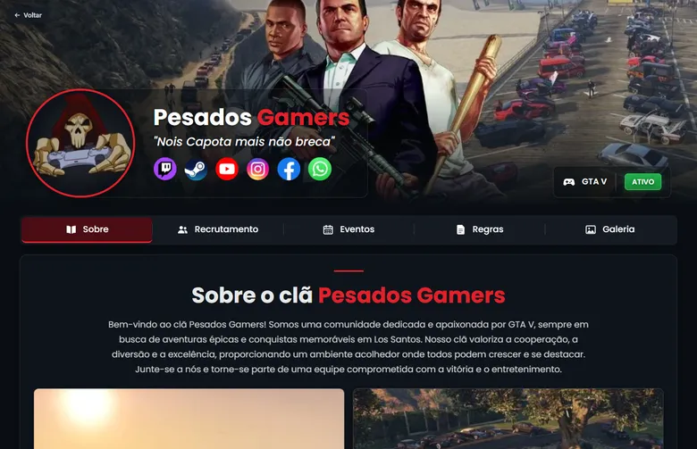 Página do clã no computador