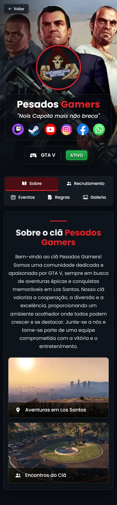 Página do clã Pesados Gamers no celular