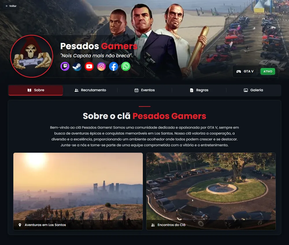 Página do clã Pesados Gamers no computador